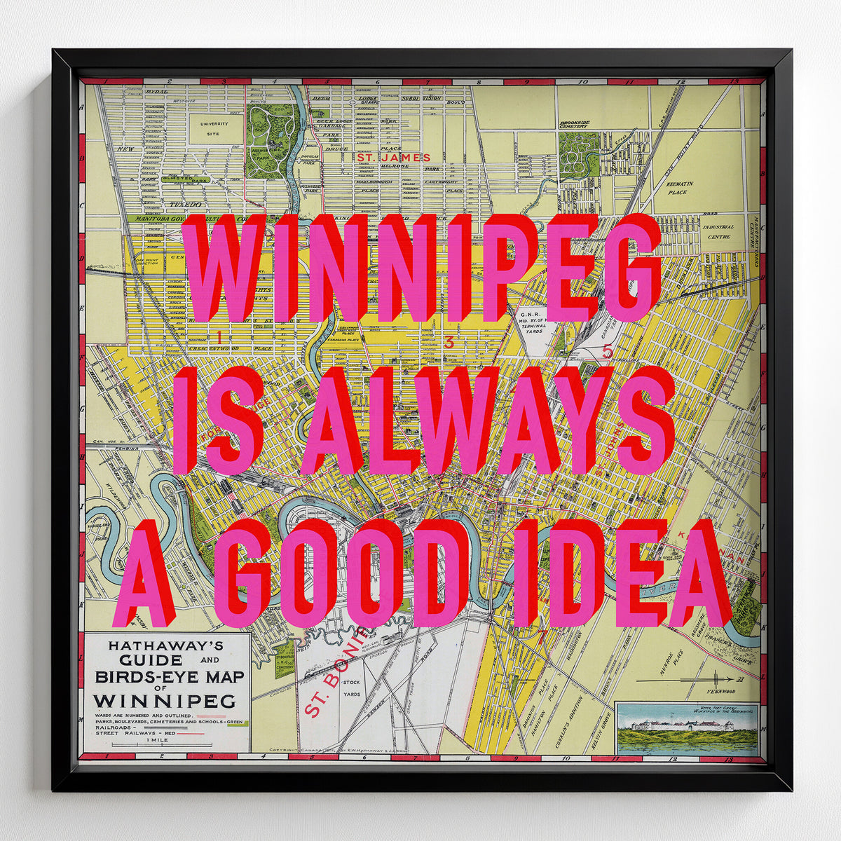 Winnipeg Retro Pop Art Map Print (square) - black frame mockup - Magic Posters Bold