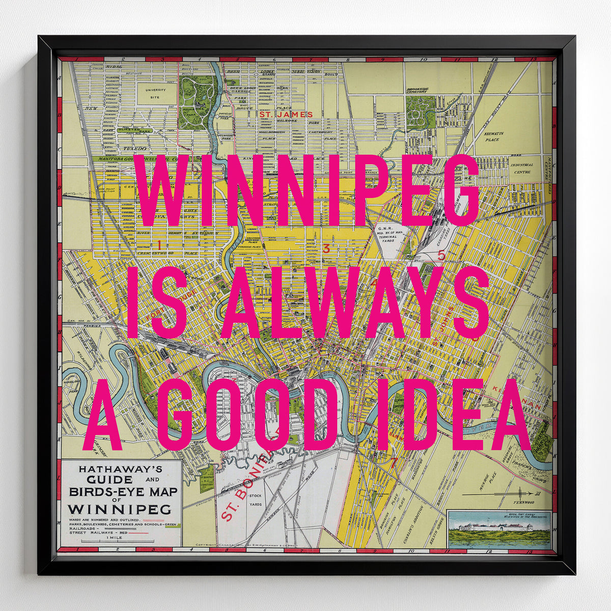Winnipeg Retro Pop Art Map Print (square) - black frame mockup - Magic Posters