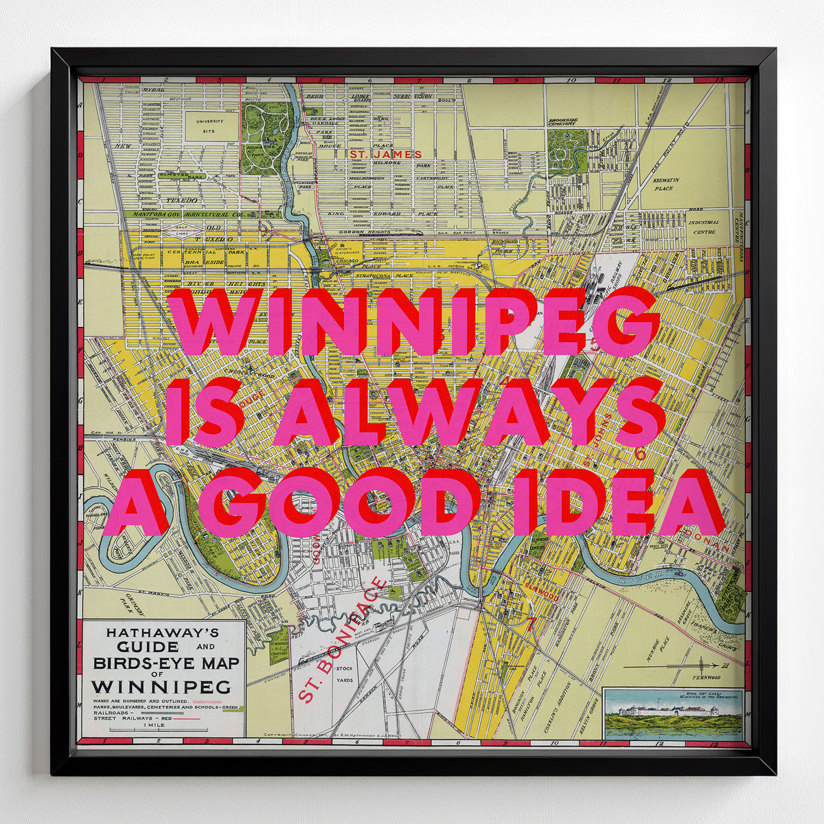 Winnipeg Retro Pop Art Map Print (square) - black frame mockup - Magic Posters