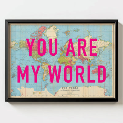 You Are My World Retro Pop Art Map Print - black frame mockup - Magic Posters
