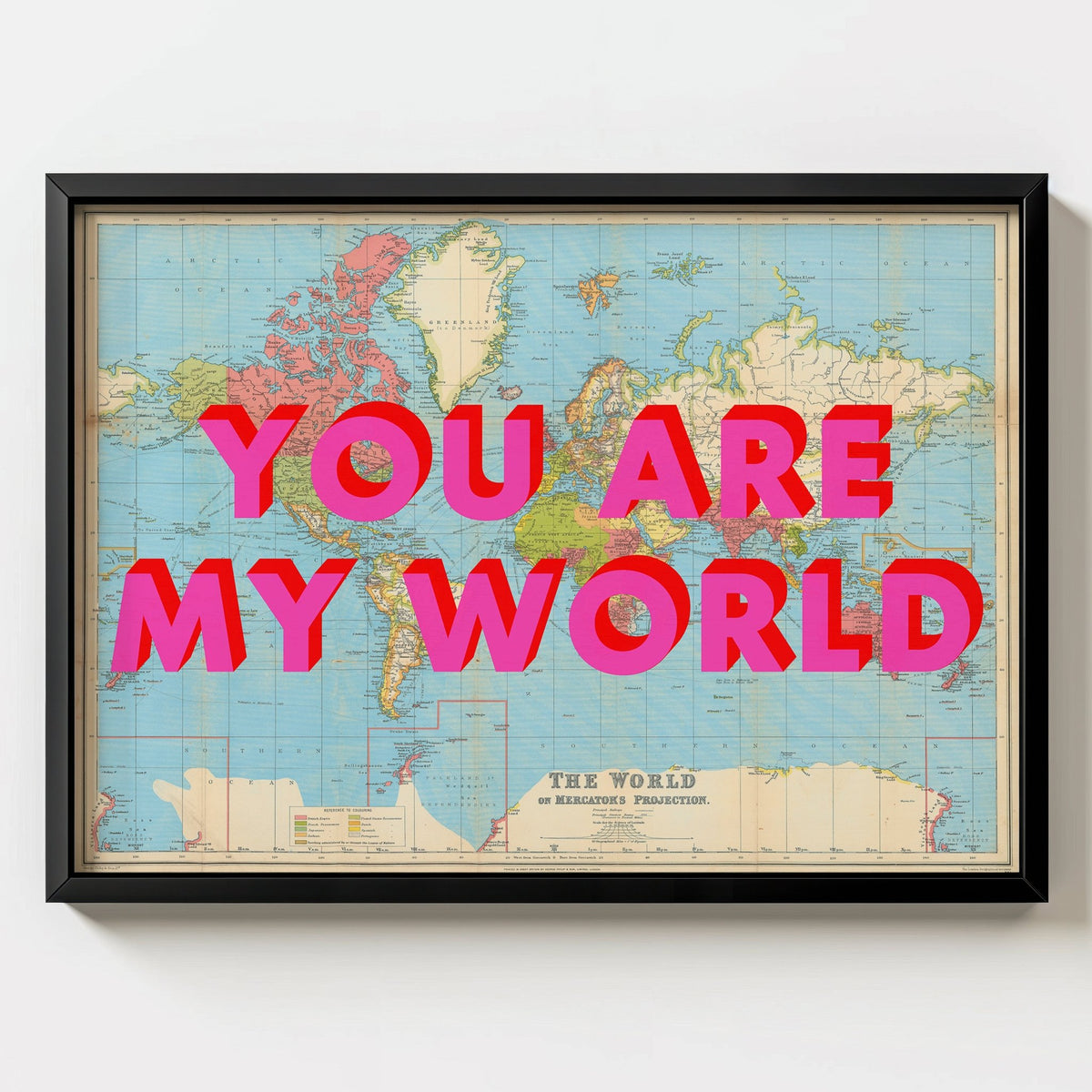 You Are My World Retro Pop Art Map Print - black frame mockup - Magic Posters