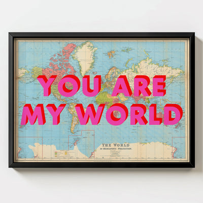 You Are My World Retro Pop Art Map Print - black frame mockup - Magic Posters