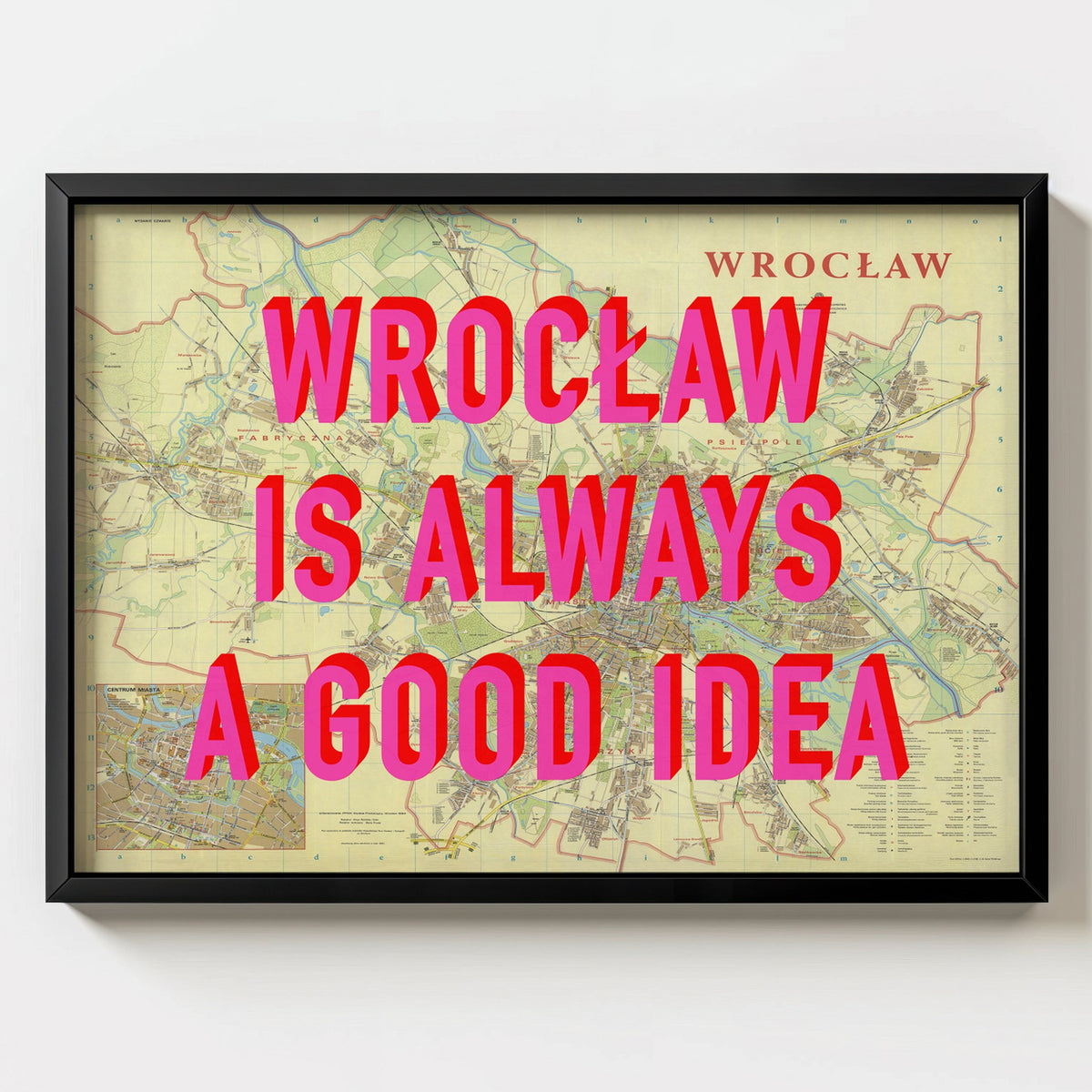 Wrocław Retro Pop Art Map Print (landscape) - black frame mockup - Magic Posters Bold