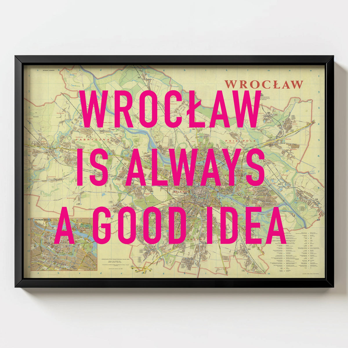 Wrocław Retro Pop Art Map Print (landscape) - black frame mockup - Magic Posters
