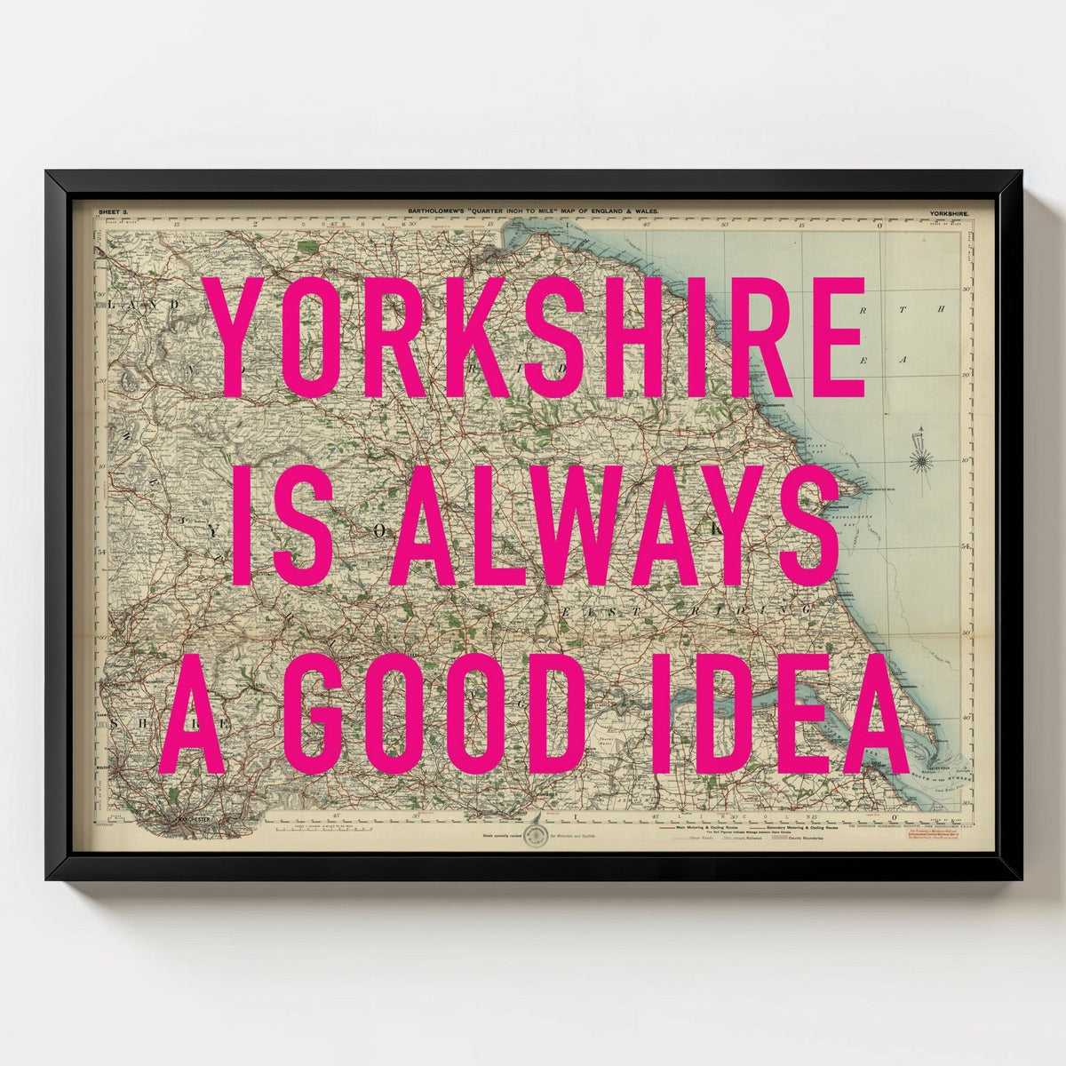 Yorkshire Retro Pop Art Map Print - black frame mockup - Magic Posters