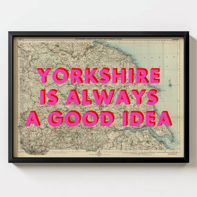 Yorkshire Retro Pop Art Map Print - black frame mockup - Magic Posters