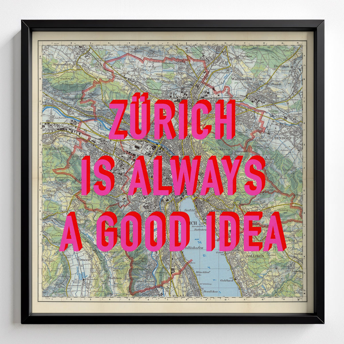 Zürich Retro Pop Art Map Print (square) - black frame mockup - Magic Posters Bold