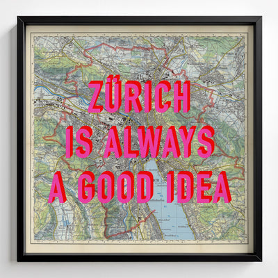 Zürich Retro Pop Art Map Print (square) - black frame mockup - Magic Posters Bold