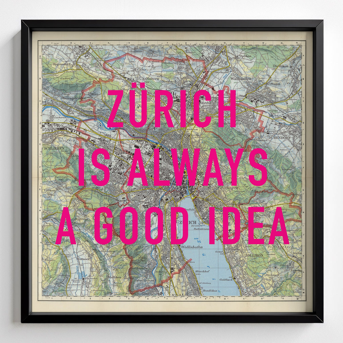 Zürich Retro Pop Art Map Print (square) - black frame mockup - Magic Posters