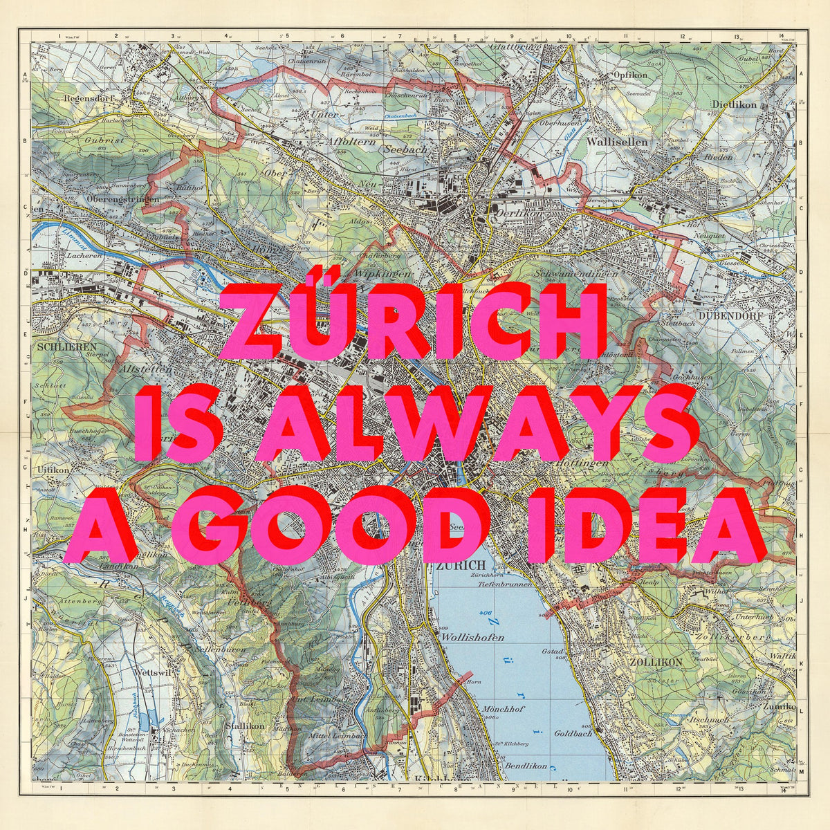 Zürich Retro Pop Art Map Print (square) - Magic Posters