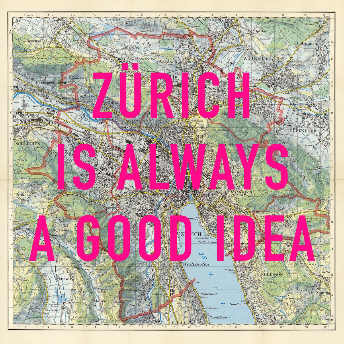 Zürich Retro Pop Art Map Print (square) - Magic Posters