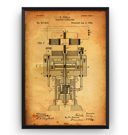 Tesla Electric Generator 1894 Patent Print - Magic Posters