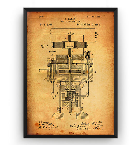 Tesla Electric Generator 1894 Patent Print - Magic Posters