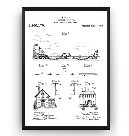 Tesla Lightning Rod 1918 Patent Print - Magic Posters