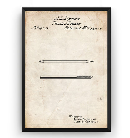 Pencil And Eraser 1858 Patent Print - Magic Posters