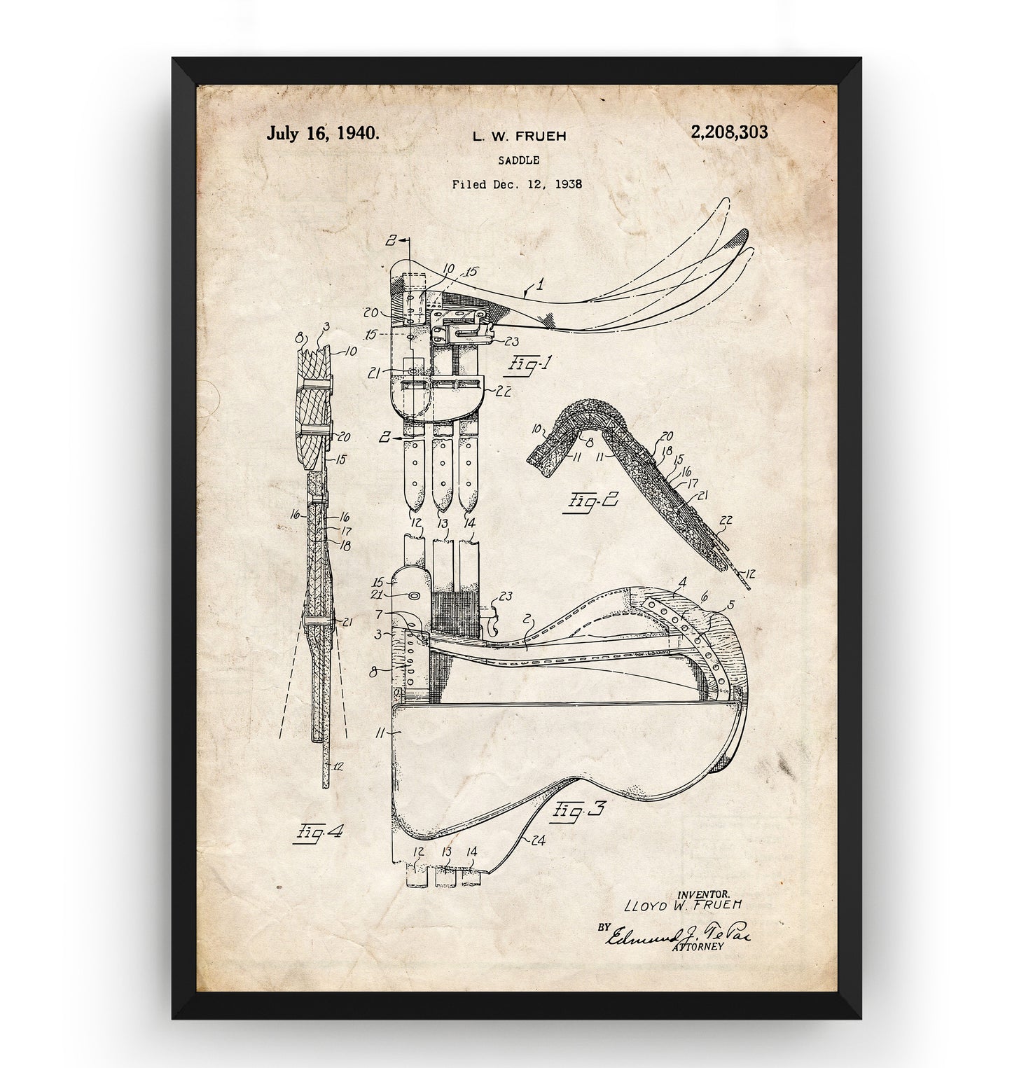 Horse Saddle 1938 Patent Print - Magic Posters