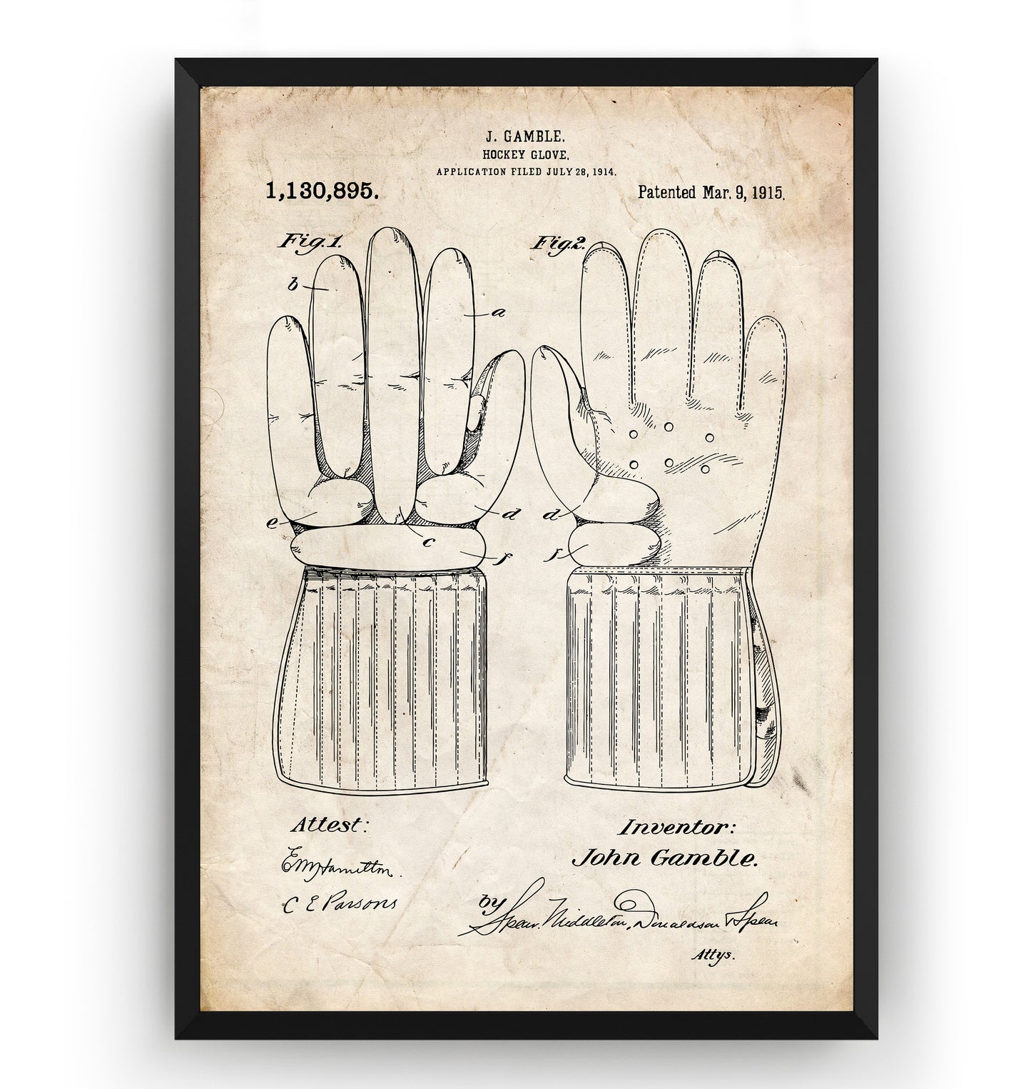 Ice Hockey Gloves 1915 Patent Print - Magic Posters