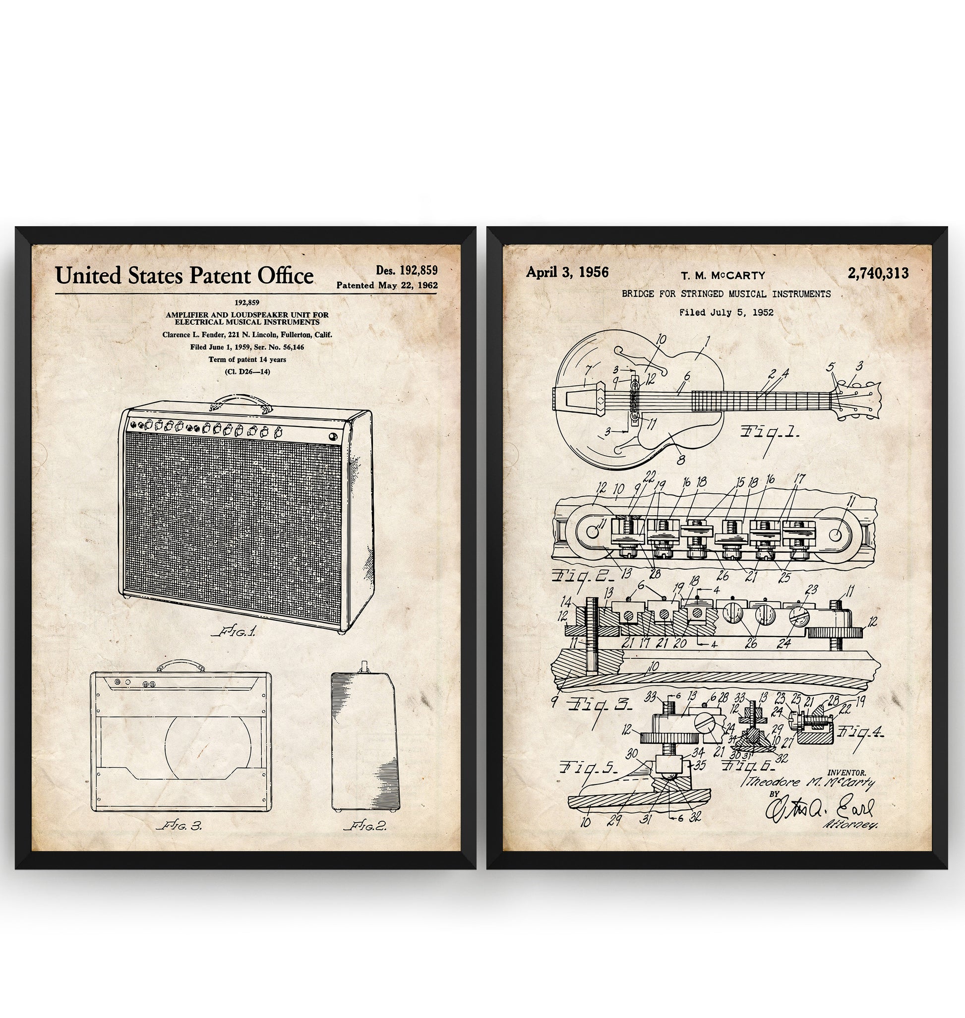 Gibson ES-355 Guitar 1956 + Amplifier 1962 Sets Of 2 Patent Prints - Magic Posters