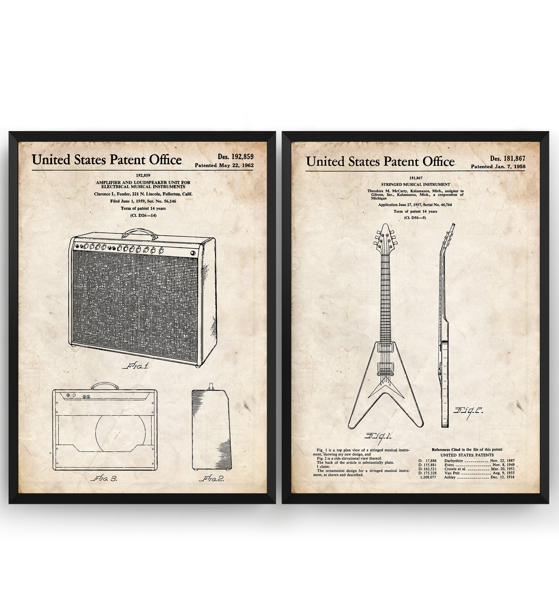 Gibson Flying V Guitar 1958 + Amplifier 1962 Sets Of 2 Patent Prints - Magic Posters