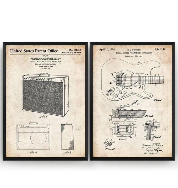 Fender Stratocaster Guitar 1954 + Amplifier 1962 Sets Of 2 Patent Prints - Magic Posters