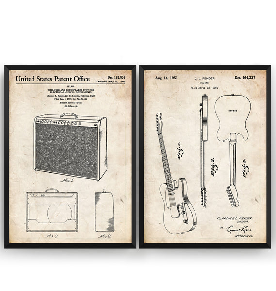 Fender Telecaster Guitar 1951 + Amplifier 1962 Sets Of 2 Patent Prints - Magic Posters