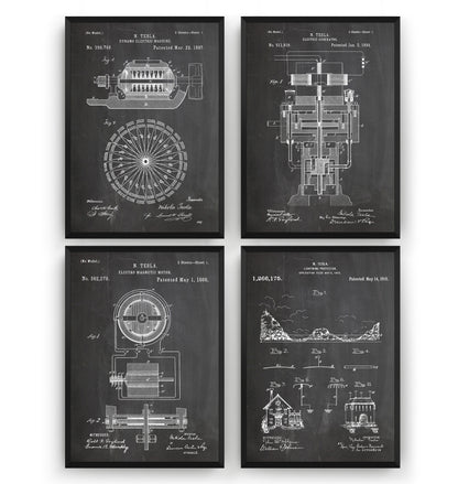 Nikola Tesla Set Of 4 Patent Prints V2 - Magic Posters