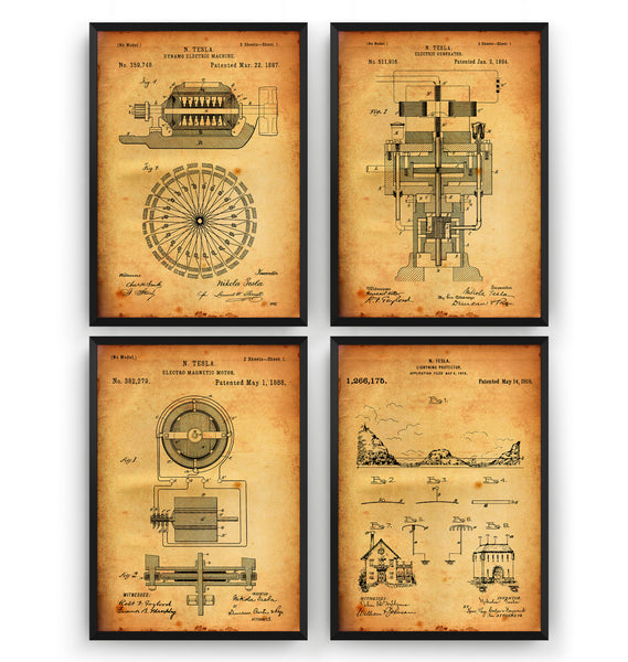 Nikola Tesla Set Of 4 Patent Prints V2 - Magic Posters