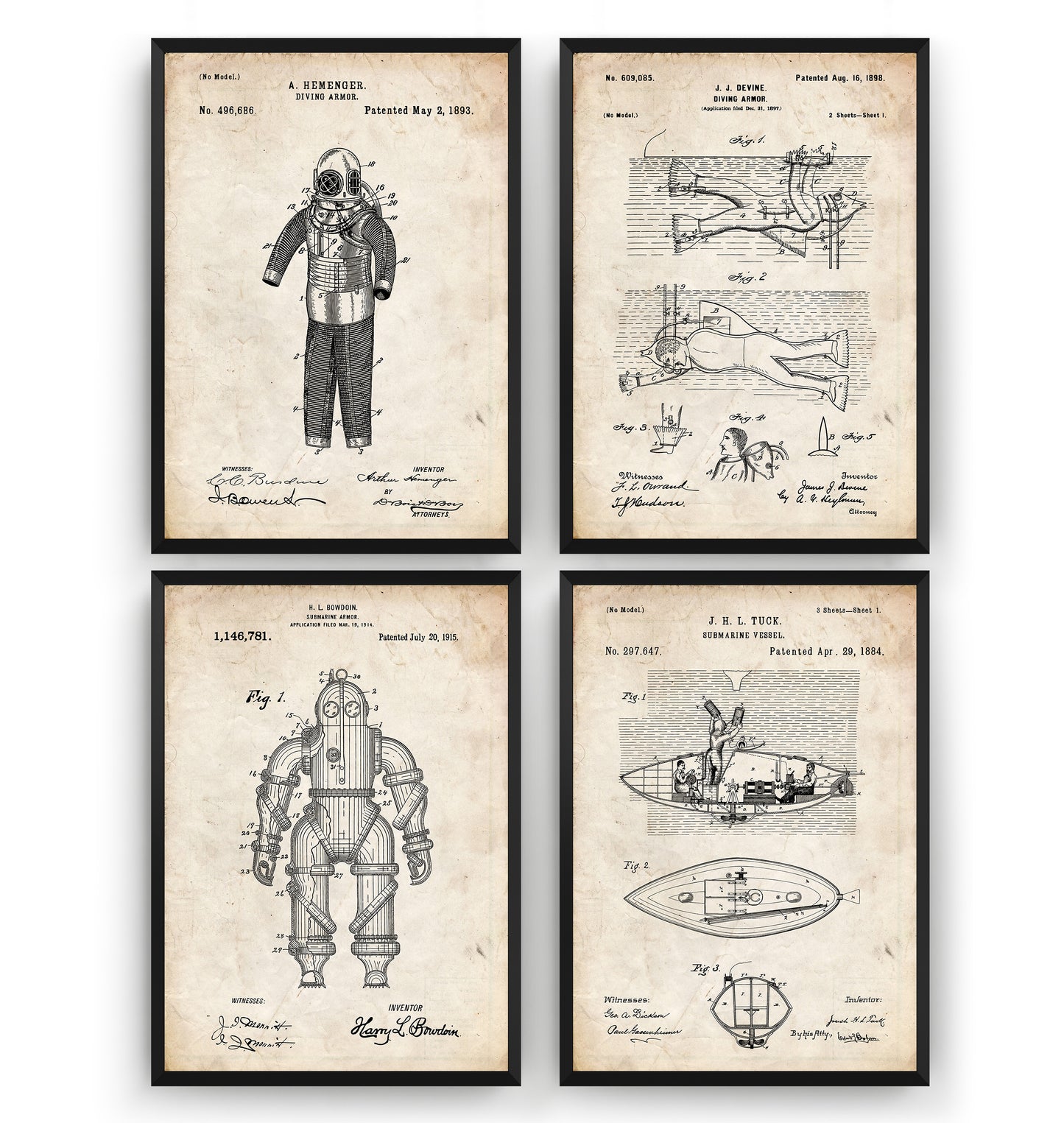 Underwater Nautical Set Of 4 Patent Prints - Magic Posters