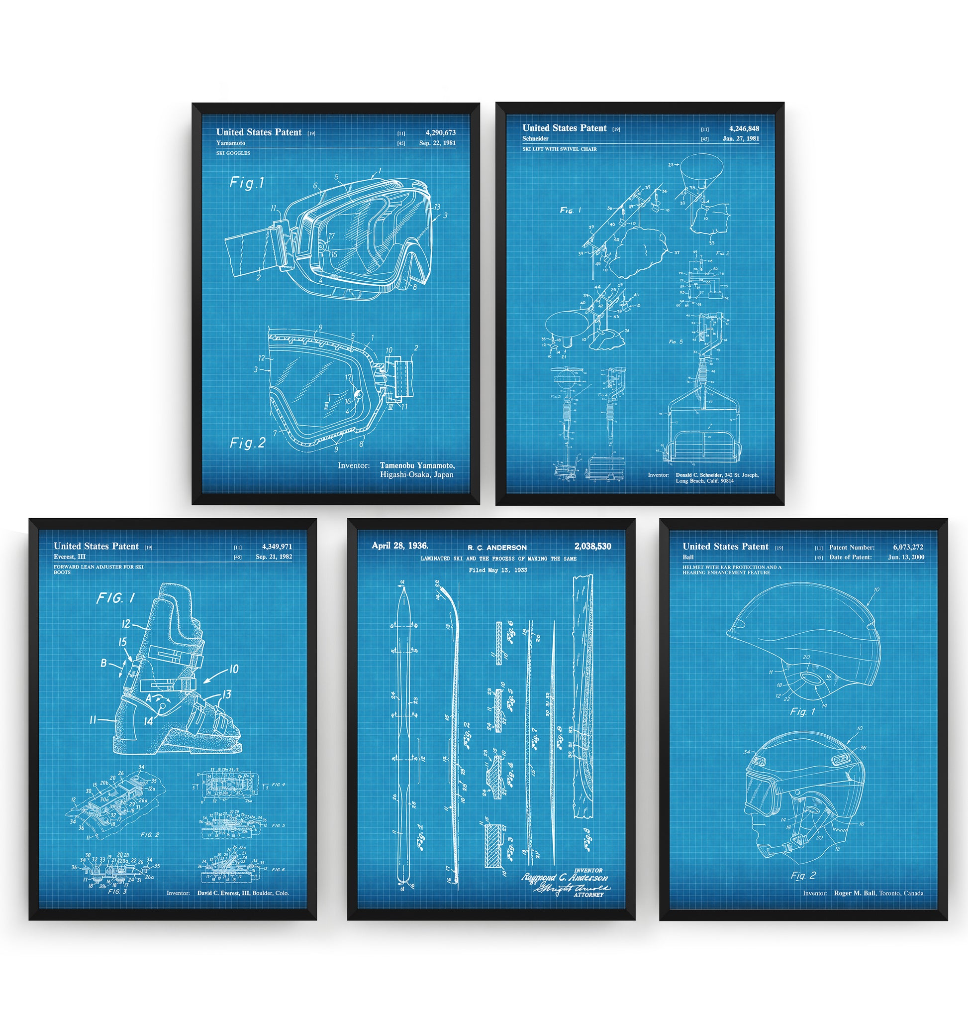 Skiing Set Of 5 Patent Prints - Magic Posters