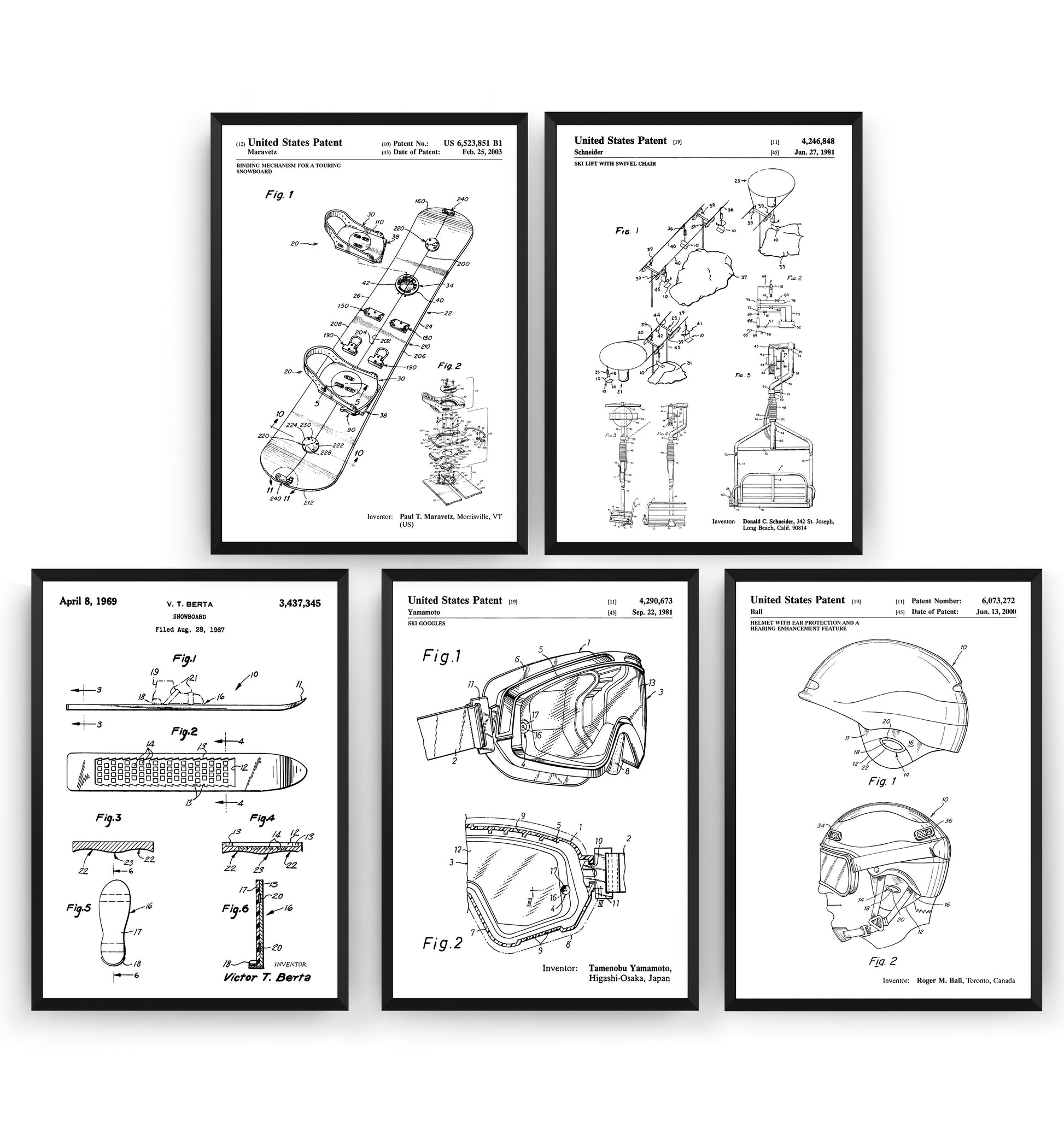 Snowboarding Set Of 5 Patent Prints - Magic Posters