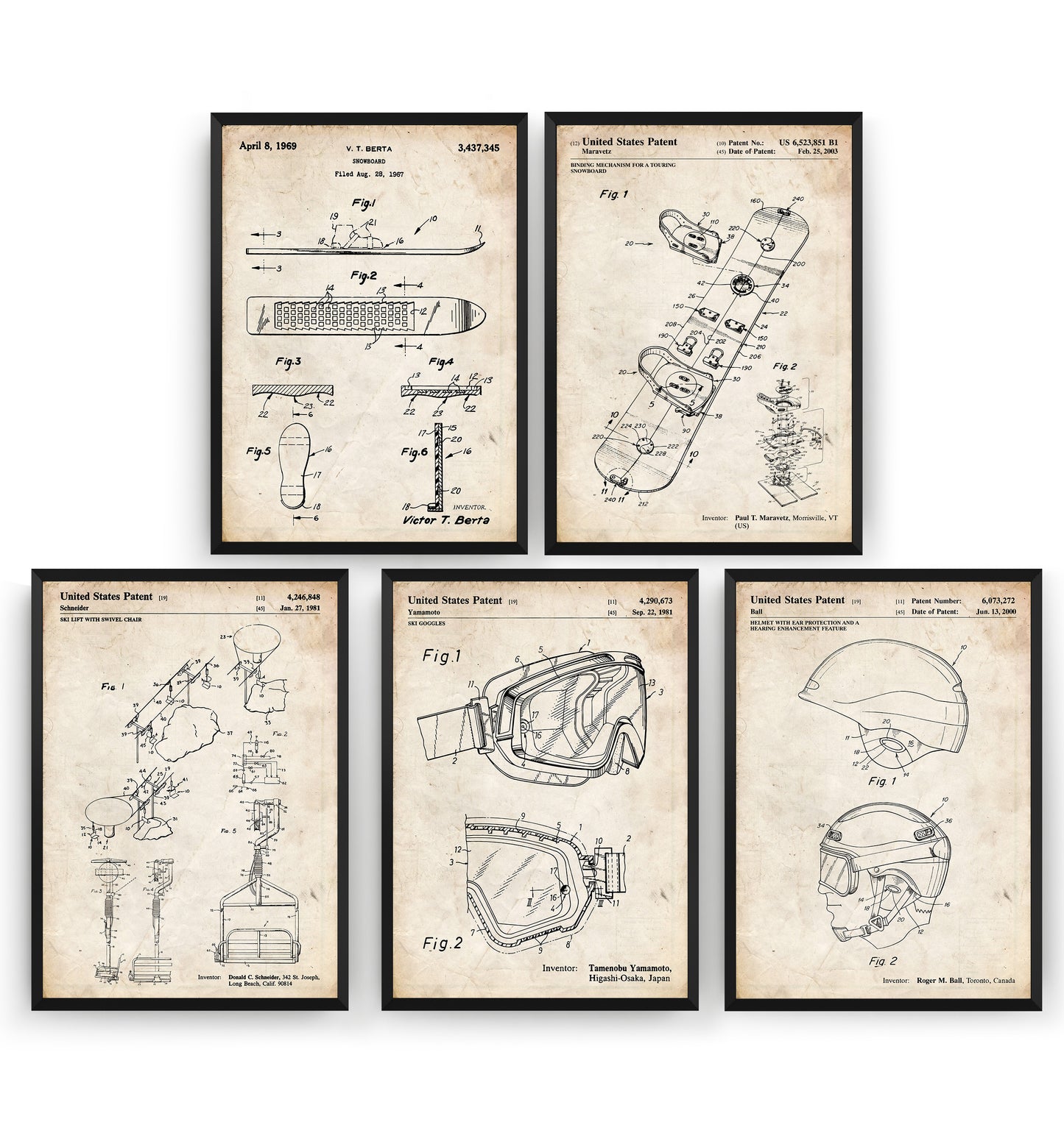 Snowboarding Set Of 5 Patent Prints - Magic Posters