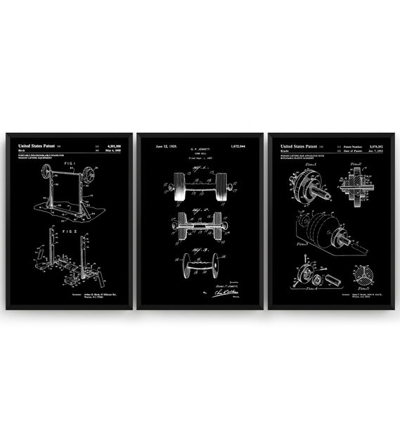 Weightlifting Set Of 3 Patent Prints - Magic Posters