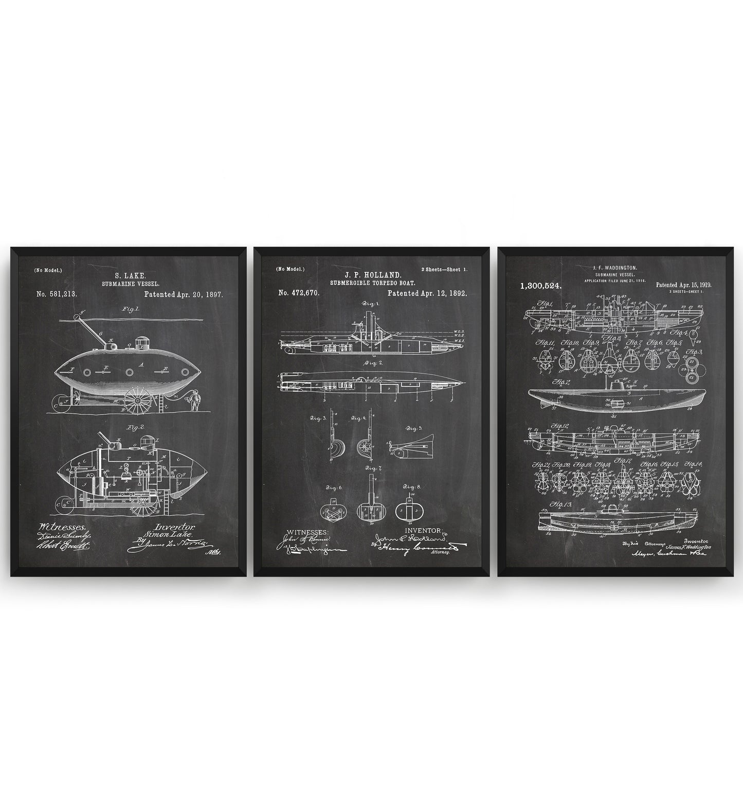 Submarine Set Of 3 Patent Prints - Magic Posters