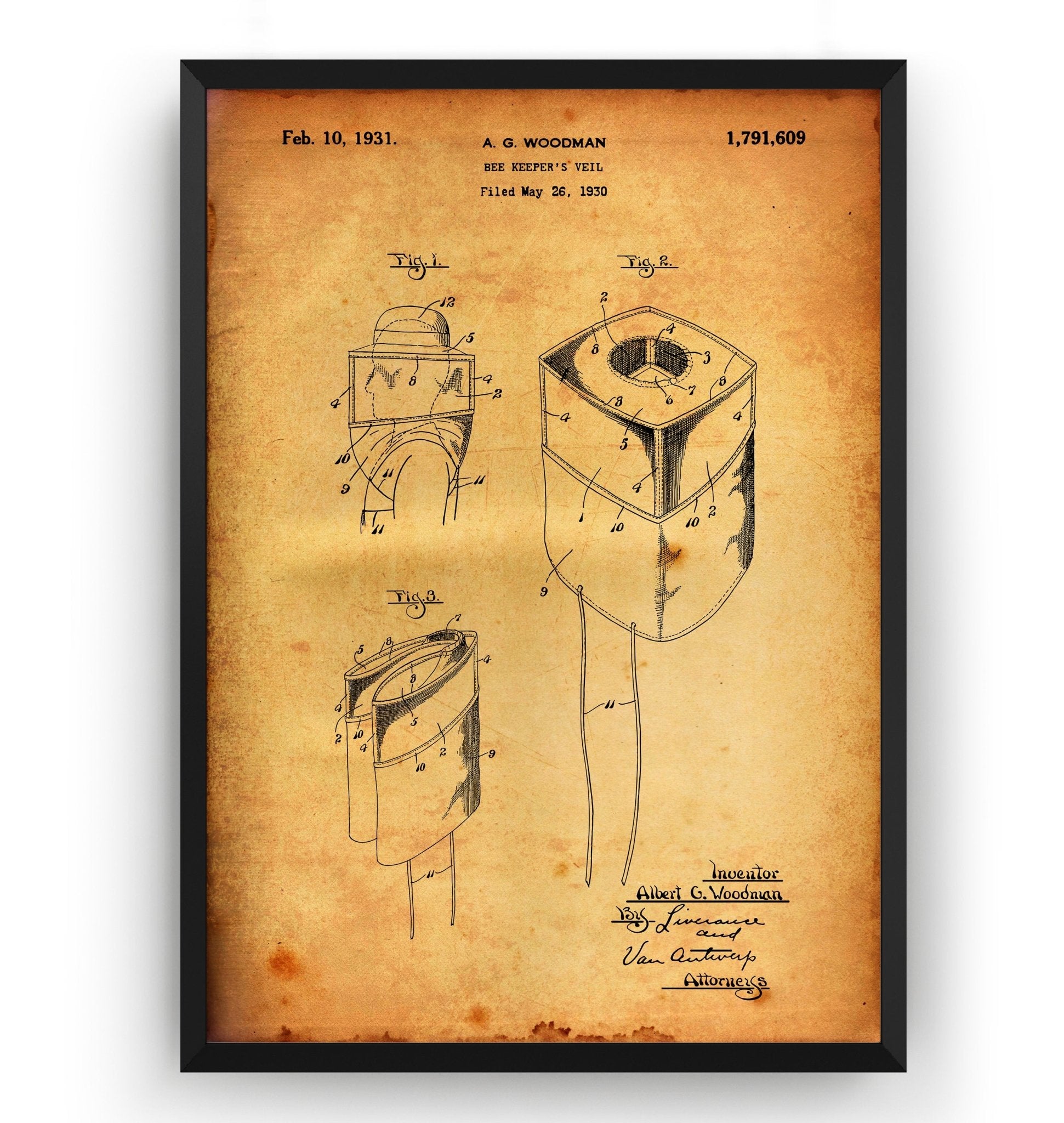Beekeeper Veil 1931 Patent Print - Magic Posters