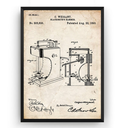 Blacksmith Hammer 1893 Patent Print - Magic Posters