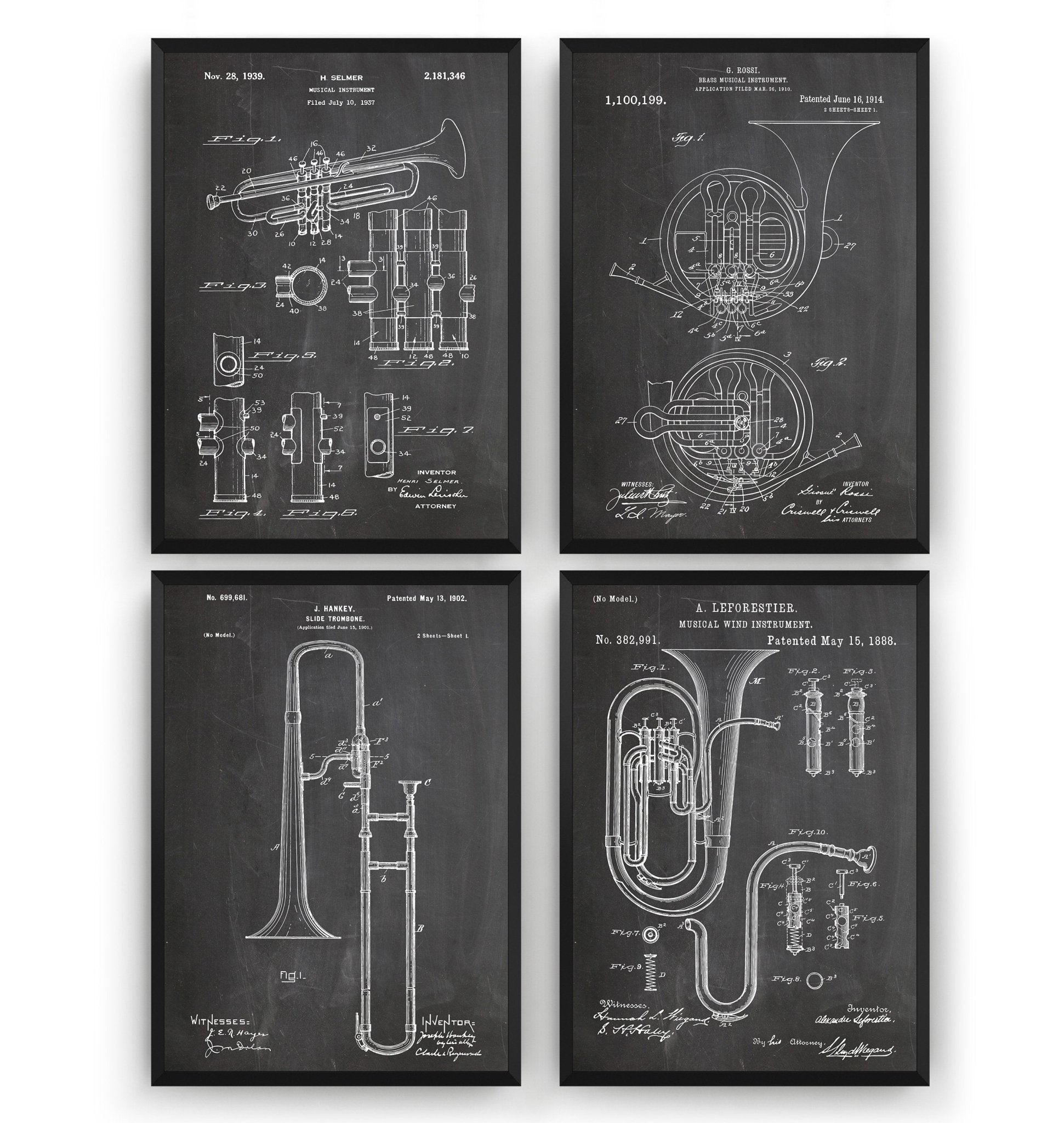 Brass Instrument Set Of 4 Patent Prints - Magic Posters
