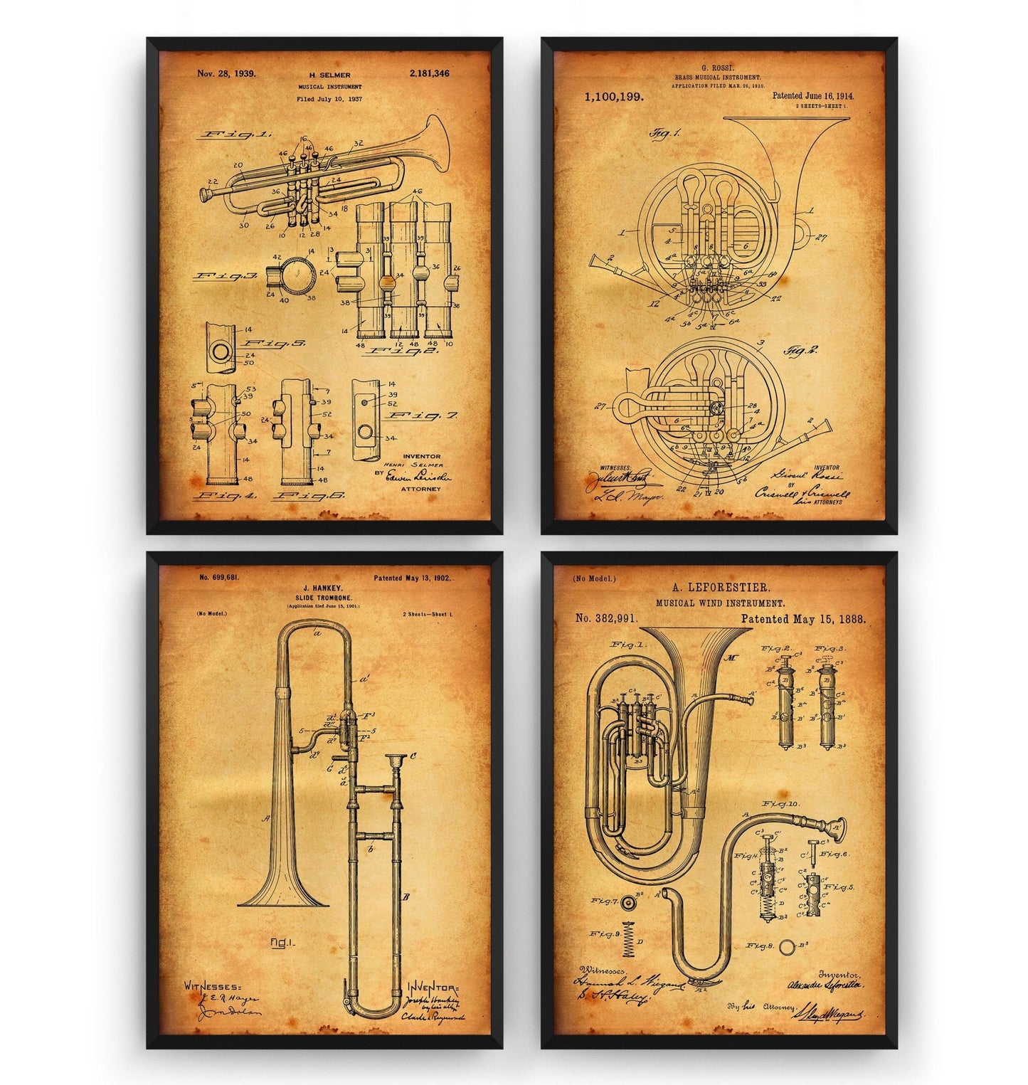 Brass Instrument Set Of 4 Patent Prints - Magic Posters