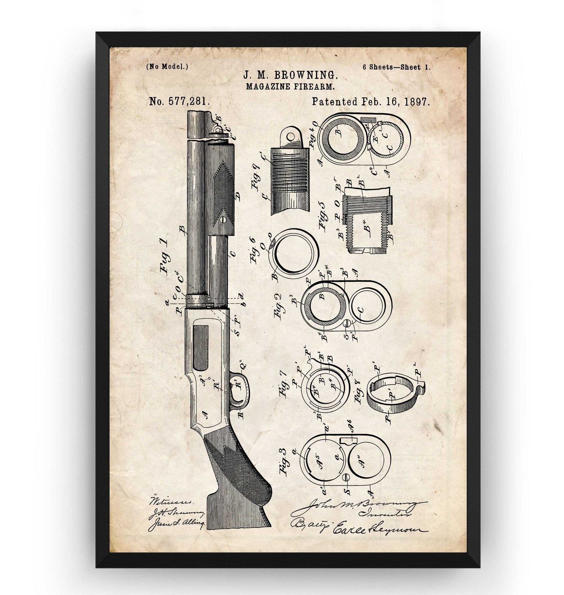 Browning Magazine Shotgun Firearm 1897 Patent Print - Magic Posters