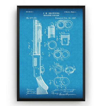 Browning Magazine Shotgun Firearm 1897 Patent Print - Magic Posters