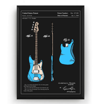 Colourised Fender Precision Bass Guitar 1960 Patent Print - Magic Posters