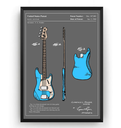 Colourised Fender Precision Bass Guitar 1960 Patent Print - Magic Posters