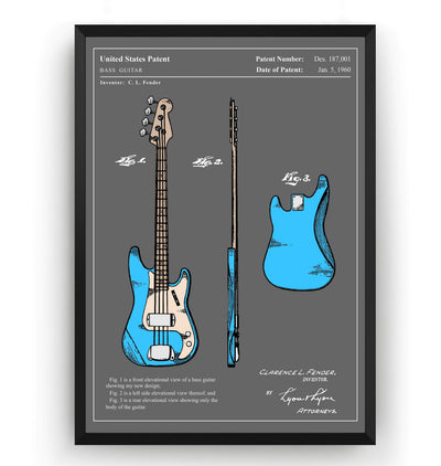 Colourised Fender Precision Bass Guitar 1960 Patent Print - Magic Posters