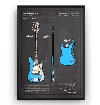 Colourised Fender Precision Bass Guitar 1960 Patent Print - Magic Posters
