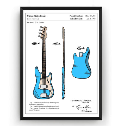Colourised Fender Precision Bass Guitar 1960 Patent Print - Magic Posters