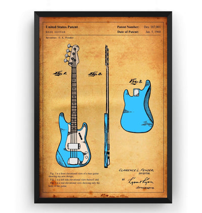 Colourised Fender Precision Bass Guitar 1960 Patent Print - Magic Posters