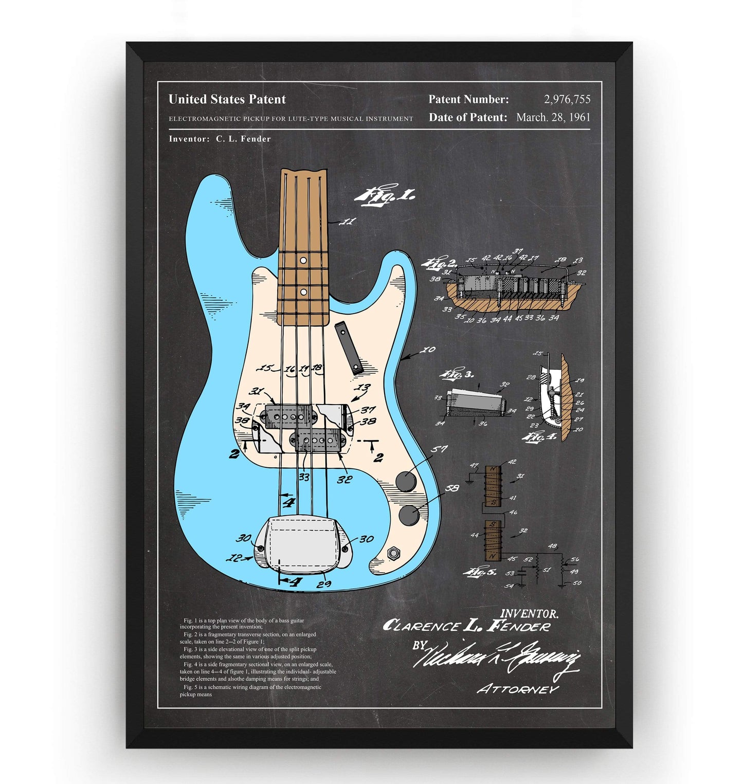 Colourised Fender Precision Bass Guitar 1961 Patent Print - Magic Posters