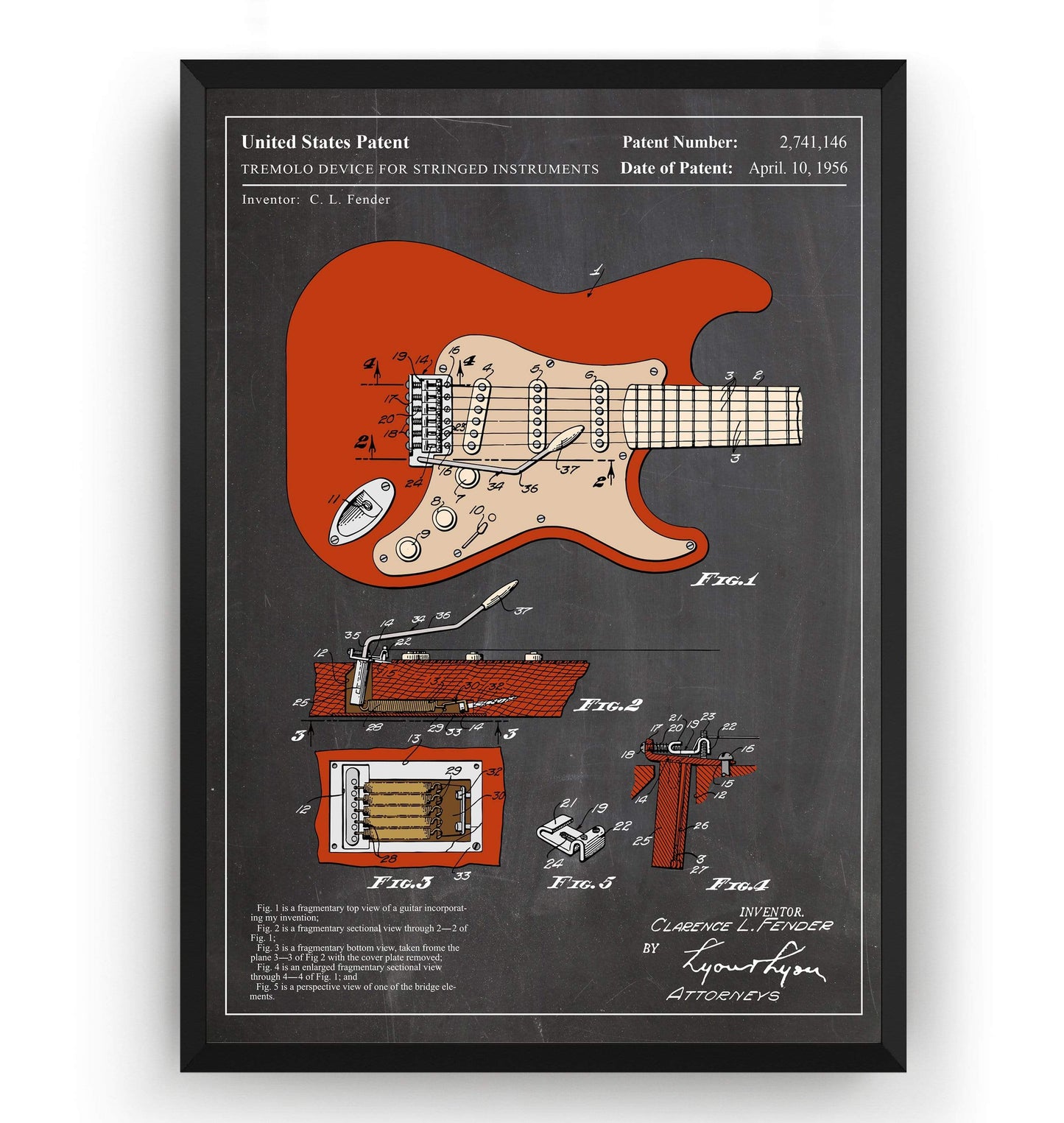 Colourised Fender Stratocaster 1954 Guitar Patent Print - Magic Posters