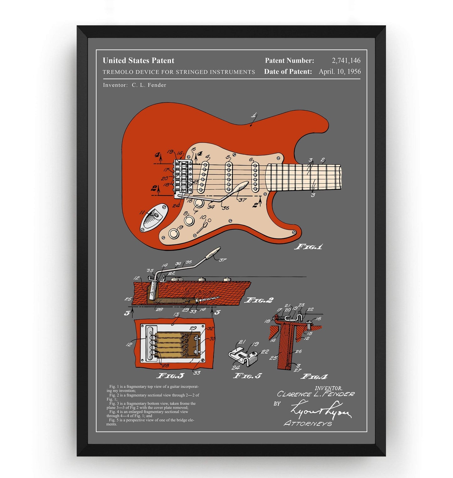 Colourised Fender Stratocaster 1954 Guitar Patent Print - Magic Posters