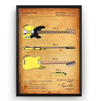 Colourised Fender Telecaster Bass Guitar 1953 Patent Print - Magic Posters