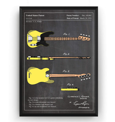 Colourised Fender Telecaster Bass Guitar 1953 Patent Print - Magic Posters